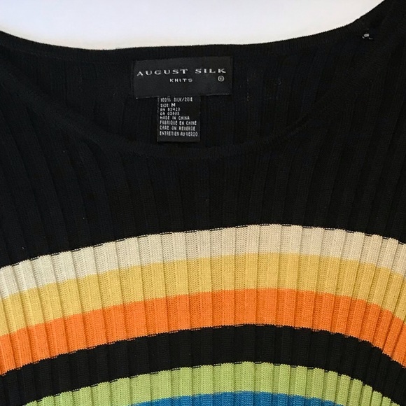 August Silk Ribbed 100% Silk Knit Sweater Top Stretch Crew Stripes Rainbow Black - Picture 10 of 11